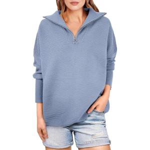 imageANRABESS Women Quarter Zip Oversized Casual Loose Rib Knit Cozy Pullover Sweaters Top 2025 Fall Fashion Outfits ClothesGray Blue