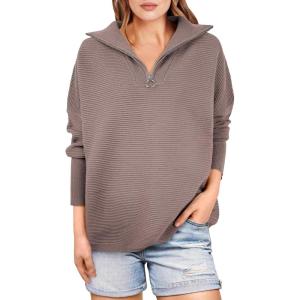 imageANRABESS Women Quarter Zip Oversized Casual Loose Rib Knit Cozy Pullover Sweaters Top 2025 Fall Fashion Outfits ClothesNutmeg
