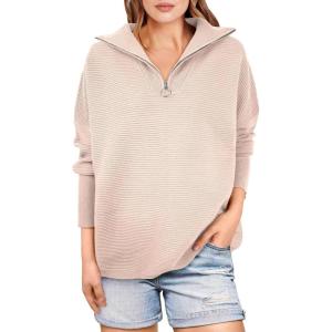 imageANRABESS Women Quarter Zip Oversized Casual Loose Rib Knit Cozy Pullover Sweaters Top 2025 Fall Fashion Outfits ClothesPink