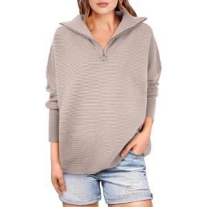 imageANRABESS Women Quarter Zip Oversized Casual Loose Rib Knit Cozy Pullover Sweaters Top 2025 Fall Fashion Outfits ClothesRed Apricot