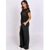 imageANRABESS Women Two Piece Outfits Crochet Sheer Knit Sweater Top Wide Leg Pants Lounge Matching Sets Sweatsuit Travel ClothesBlack