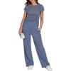 imageANRABESS Women Two Piece Outfits Crochet Sheer Knit Sweater Top Wide Leg Pants Lounge Matching Sets Sweatsuit Travel ClothesDeep Blue