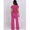 imageANRABESS Women Two Piece Outfits Crochet Sheer Knit Sweater Top Wide Leg Pants Lounge Matching Sets Sweatsuit Travel ClothesHot Pink