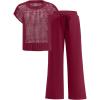 imageANRABESS Women Two Piece Outfits Crochet Sheer Knit Sweater Top Wide Leg Pants Lounge Matching Sets Sweatsuit Travel ClothesWine Red