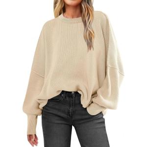 imageANRABESS Women Crewneck Batwing Long Sleeve 2024 Fall Oversized Side Slit Ribbed Knit Pullover Sweaters Top Cozy OutfitsApricot