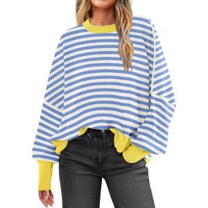 imageANRABESS Women Crewneck Batwing Long Sleeve 2024 Fall Oversized Side Slit Ribbed Knit Pullover Sweaters Top Cozy OutfitsBlue White