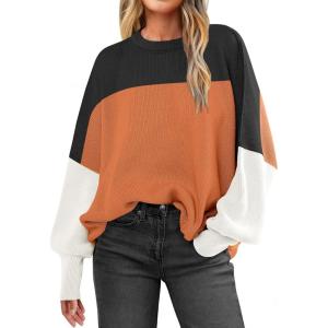imageANRABESS Women Crewneck Batwing Long Sleeve 2024 Fall Oversized Side Slit Ribbed Knit Pullover Sweaters Top Cozy OutfitsColorblock Orange