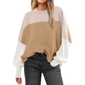 imageANRABESS Women Crewneck Batwing Long Sleeve 2024 Fall Oversized Side Slit Ribbed Knit Pullover Sweaters Top Cozy OutfitsColorblock Pink