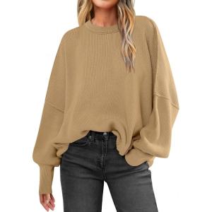 imageANRABESS Women Crewneck Batwing Long Sleeve 2024 Fall Oversized Side Slit Ribbed Knit Pullover Sweaters Top Cozy OutfitsDeep Apricot