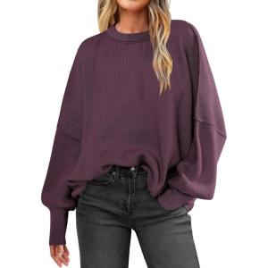 imageANRABESS Women Crewneck Batwing Long Sleeve 2024 Fall Oversized Side Slit Ribbed Knit Pullover Sweaters Top Cozy OutfitsFuchsia