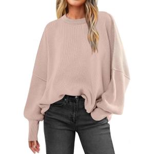 imageANRABESS Women Crewneck Batwing Long Sleeve 2024 Fall Oversized Side Slit Ribbed Knit Pullover Sweaters Top Cozy OutfitsKhaki Pink