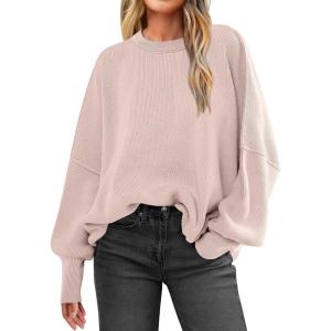 imageANRABESS Women Crewneck Batwing Long Sleeve 2024 Fall Oversized Side Slit Ribbed Knit Pullover Sweaters Top Cozy OutfitsPink