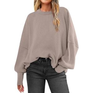 imageANRABESS Women Crewneck Batwing Long Sleeve 2024 Fall Oversized Side Slit Ribbed Knit Pullover Sweaters Top Cozy OutfitsPink Apricot