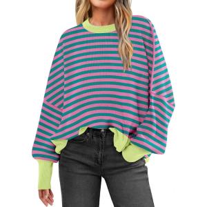 imageANRABESS Women Crewneck Batwing Long Sleeve 2024 Fall Oversized Side Slit Ribbed Knit Pullover Sweaters Top Cozy OutfitsPink Green