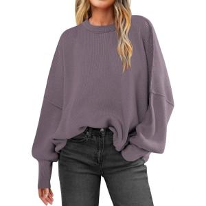 imageANRABESS Women Crewneck Batwing Long Sleeve 2024 Fall Oversized Side Slit Ribbed Knit Pullover Sweaters Top Cozy OutfitsPurple