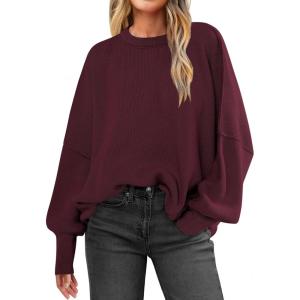 imageANRABESS Women Crewneck Batwing Long Sleeve 2024 Fall Oversized Side Slit Ribbed Knit Pullover Sweaters Top Cozy OutfitsWine Red