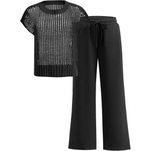 imageANRABESS Women Two Piece Outfits Crochet Sheer Knit Sweater Top Wide Leg Pants Lounge Matching Sets Sweatsuit Travel ClothesBlack