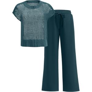 imageANRABESS Women Two Piece Outfits Crochet Sheer Knit Sweater Top Wide Leg Pants Lounge Matching Sets Sweatsuit Travel ClothesLake