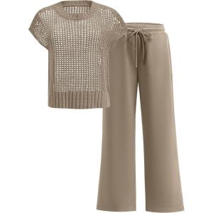 imageANRABESS Women Two Piece Outfits Crochet Sheer Knit Sweater Top Wide Leg Pants Lounge Matching Sets Sweatsuit Travel ClothesLight Brown