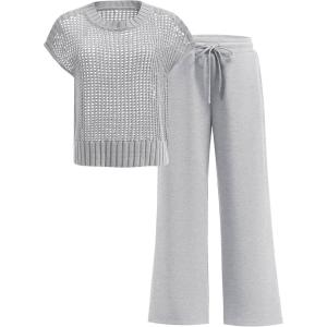 imageANRABESS Women Two Piece Outfits Crochet Sheer Knit Sweater Top Wide Leg Pants Lounge Matching Sets Sweatsuit Travel ClothesLight Grey
