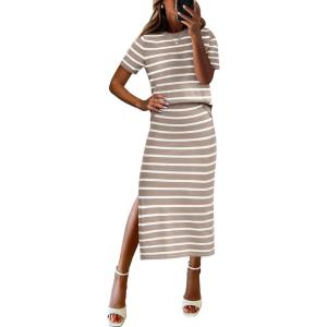 imageANRABESS Womens 2 Piece Outfits Striped Sweater Skirt Sets 2025 Summer Casual Short Sleeve Pullover Tops Travel Midi DressBeige White