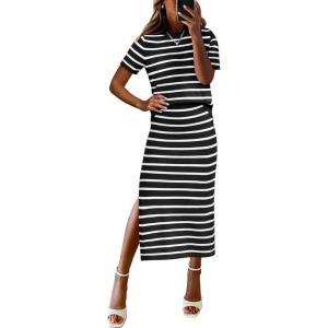 imageANRABESS Womens 2 Piece Outfits Striped Sweater Skirt Sets 2025 Summer Casual Short Sleeve Pullover Tops Travel Midi DressBlack White