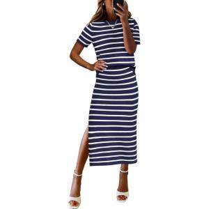 imageANRABESS Womens 2 Piece Outfits Striped Sweater Skirt Sets 2025 Summer Casual Short Sleeve Pullover Tops Travel Midi DressBlue White