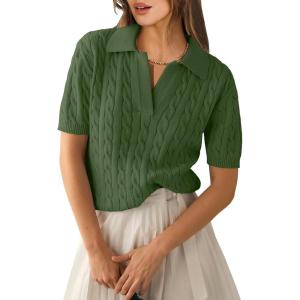 imageANRABESS Womens Short Sleeve Sweaters Tops Polo V Neck Cable Knit Casual Soft Pullover Shirts 2025 Summer OutfitsArmy Green
