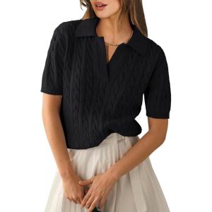 imageANRABESS Womens Short Sleeve Sweaters Tops Polo V Neck Cable Knit Casual Soft Pullover Shirts 2025 Summer OutfitsBlack