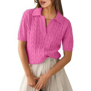imageANRABESS Womens Short Sleeve Sweaters Tops Polo V Neck Cable Knit Casual Soft Pullover Shirts 2025 Summer OutfitsBright Pink