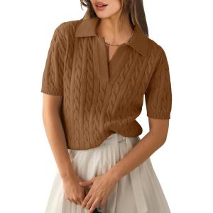 imageANRABESS Womens Short Sleeve Sweaters Tops Polo V Neck Cable Knit Casual Soft Pullover Shirts 2025 Summer OutfitsBrown