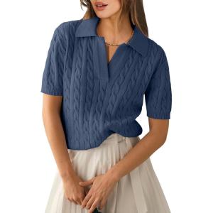 imageANRABESS Womens Short Sleeve Sweaters Tops Polo V Neck Cable Knit Casual Soft Pullover Shirts 2025 Summer OutfitsDusty Blue