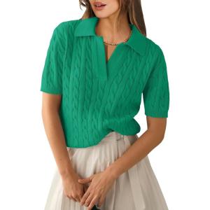 imageANRABESS Womens Short Sleeve Sweaters Tops Polo V Neck Cable Knit Casual Soft Pullover Shirts 2025 Summer OutfitsGreen