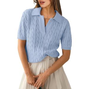 imageANRABESS Womens Short Sleeve Sweaters Tops Polo V Neck Cable Knit Casual Soft Pullover Shirts 2025 Summer OutfitsLight Blue