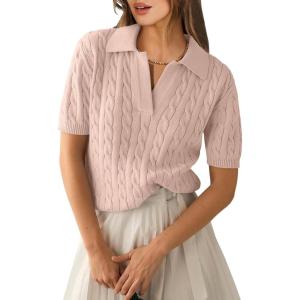 imageANRABESS Womens Short Sleeve Sweaters Tops Polo V Neck Cable Knit Casual Soft Pullover Shirts 2025 Summer OutfitsLight Brown