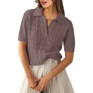 imageANRABESS Womens Short Sleeve Sweaters Tops Polo V Neck Cable Knit Casual Soft Pullover Shirts 2025 Summer OutfitsLight Coffee
