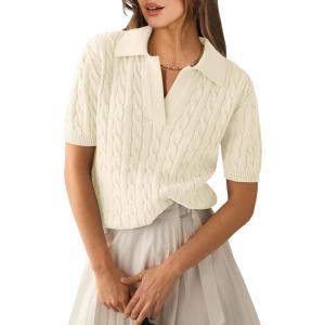 imageANRABESS Womens Short Sleeve Sweaters Tops Polo V Neck Cable Knit Casual Soft Pullover Shirts 2025 Summer OutfitsLight Yellow