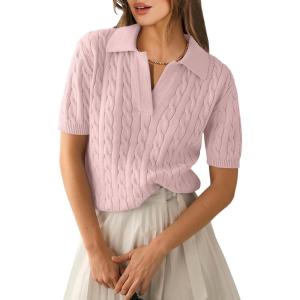 imageANRABESS Womens Short Sleeve Sweaters Tops Polo V Neck Cable Knit Casual Soft Pullover Shirts 2025 Summer OutfitsPink
