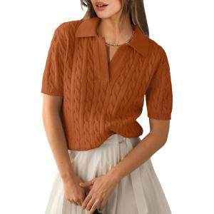 imageANRABESS Womens Short Sleeve Sweaters Tops Polo V Neck Cable Knit Casual Soft Pullover Shirts 2025 Summer OutfitsRust