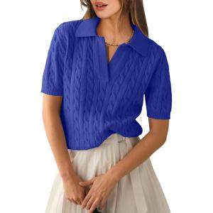 imageANRABESS Womens Short Sleeve Sweaters Tops Polo V Neck Cable Knit Casual Soft Pullover Shirts 2025 Summer OutfitsSapphire Blue