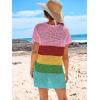 imageANRABESS Women Swimsuit Crochet Swim Cover Up Summer Bathing Suit Swimwear Knit Short Sleeve Pullover 2025 Beach DressStripe Rainbow