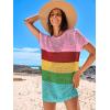 imageANRABESS Women Swimsuit Crochet Swim Cover Up Summer Bathing Suit Swimwear Knit Short Sleeve Pullover 2025 Beach DressStripe Rainbow
