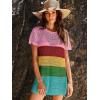 imageANRABESS Women Swimsuit Crochet Swim Cover Up Summer Bathing Suit Swimwear Knit Short Sleeve Pullover 2025 Beach DressStripe Rainbow