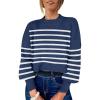 imageANRABESS Womens Oversized Crewneck Cropped Sweaters Long Batwing Sleeve Side Slit Ribbed Knit Pullover Tops 2024 Fall TrendyStripe Blue White