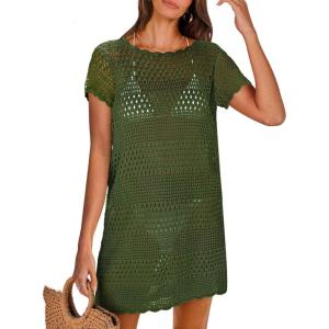 imageANRABESS Women Swimsuit Crochet Swim Cover Up Summer Bathing Suit Swimwear Knit Short Sleeve Pullover 2025 Beach DressArmy Green