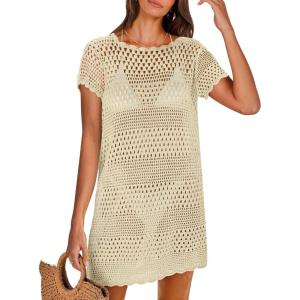 imageANRABESS Women Swimsuit Crochet Swim Cover Up Summer Bathing Suit Swimwear Knit Short Sleeve Pullover 2025 Beach DressBeige