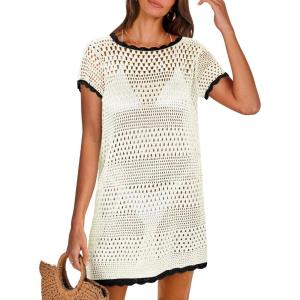 imageANRABESS Women Swimsuit Crochet Swim Cover Up Summer Bathing Suit Swimwear Knit Short Sleeve Pullover 2025 Beach DressBlack and White