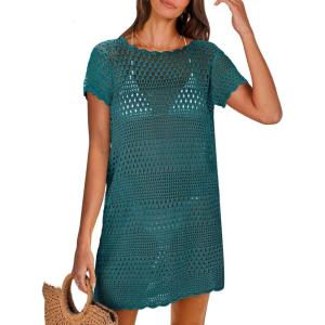 imageANRABESS Women Swimsuit Crochet Swim Cover Up Summer Bathing Suit Swimwear Knit Short Sleeve Pullover 2025 Beach DressCyan