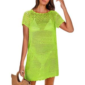imageANRABESS Women Swimsuit Crochet Swim Cover Up Summer Bathing Suit Swimwear Knit Short Sleeve Pullover 2025 Beach DressGreen