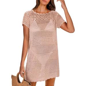 imageANRABESS Women Swimsuit Crochet Swim Cover Up Summer Bathing Suit Swimwear Knit Short Sleeve Pullover 2025 Beach DressLight Pink